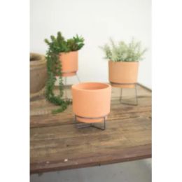 Set Of Three Natural Clay Planters With Wire Bases