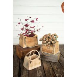 Set Of Three Rustic Recycled Wood Hand Bag Planters