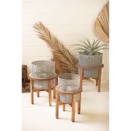 Set Of Three Woven Metal Planters With Wood Stands